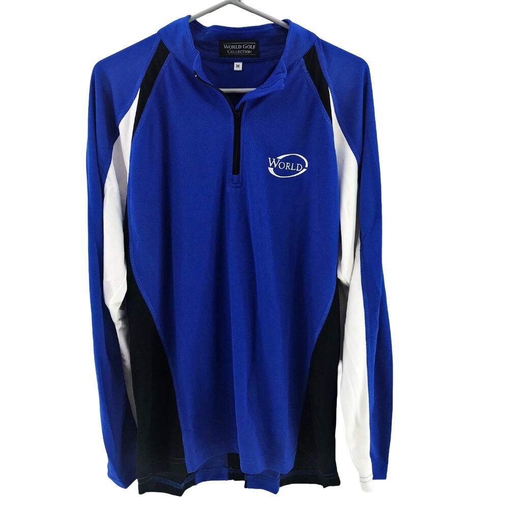 World Golf Polo 1/4 Zip Blue White Moisture Wick Quick Dry Breathable
